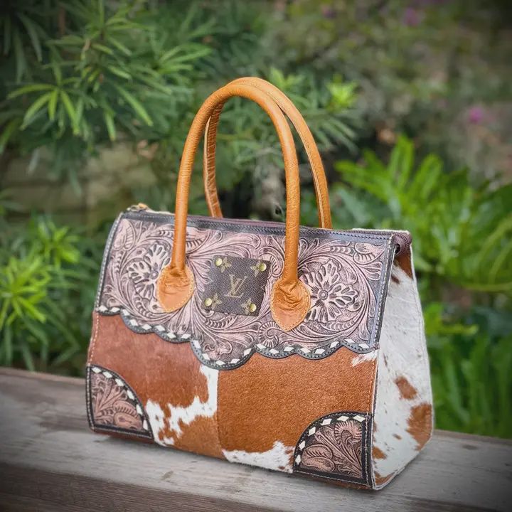 Upcycled Tooled Leather Cowhide Satchel Shoulder Western Bag