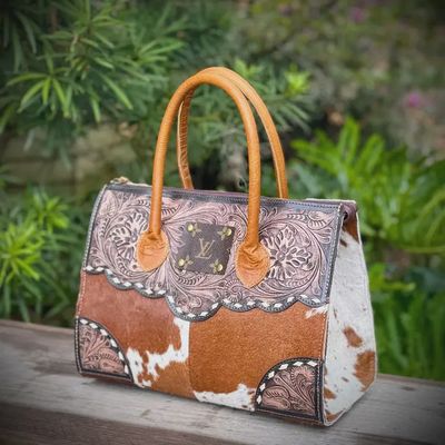 Upcycled Tooled Leather Cowhide Satchel Shoulder Western Bag