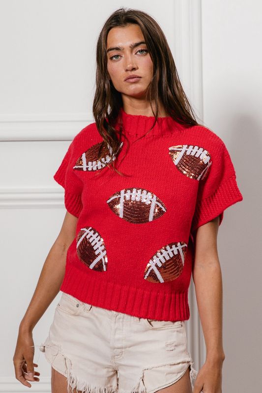 Gameday Sequin Football Patches Rib Banded Sweater