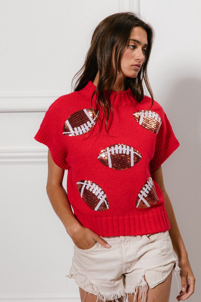 Gameday Sequin Football Patches Rib Banded Sweater