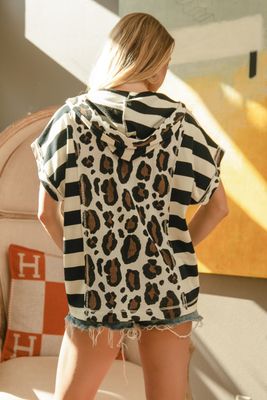 Leopard &amp; Stripe Mixed Hoodie Top