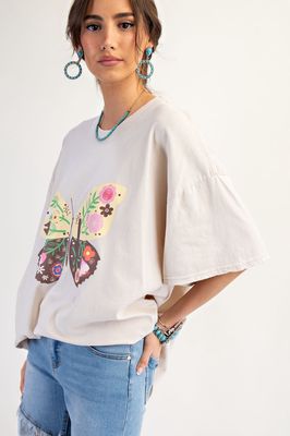 Butterfly Print Mineral Washed Cotton Knit Top