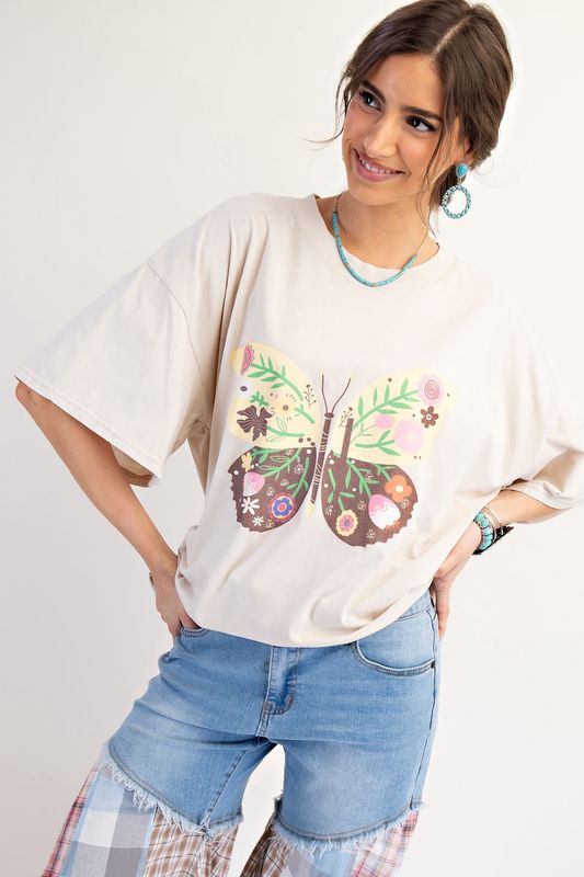 Butterfly Print Mineral Washed Cotton Knit Top