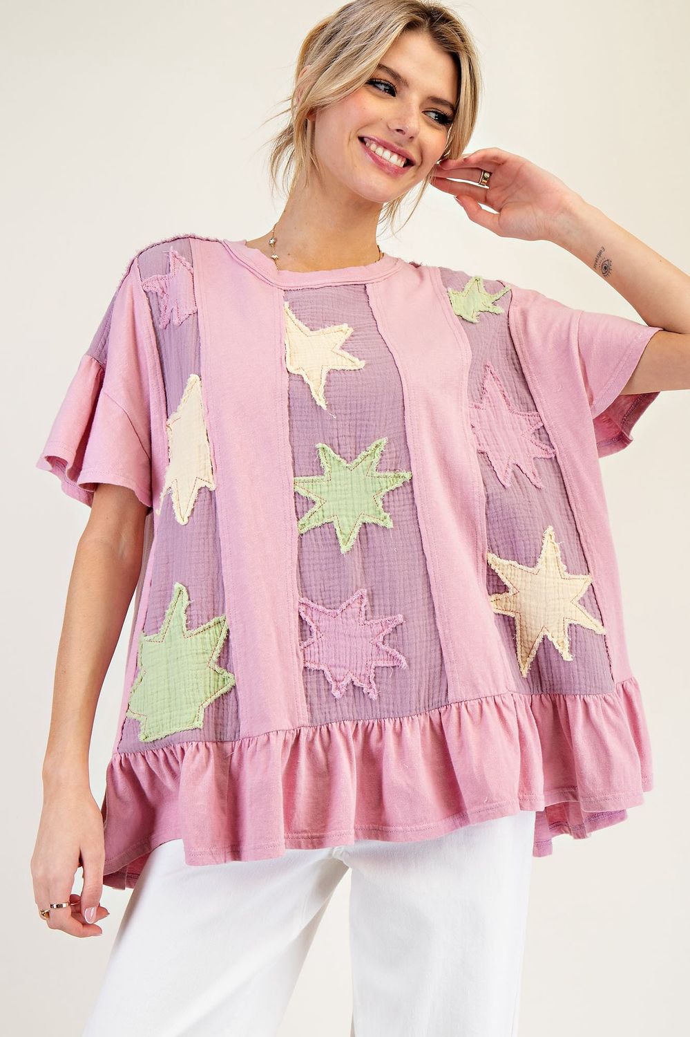 Star Patch Ruffled Babydoll Top