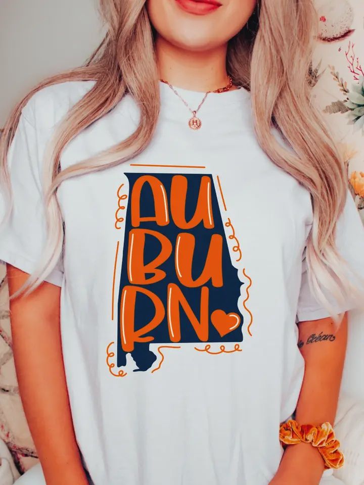 Preppy Auburn Doodle State Graphic Tee Alabama