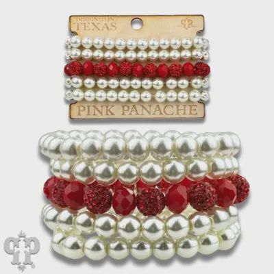 Cream Pearl and Red Bead Bracelet Stack