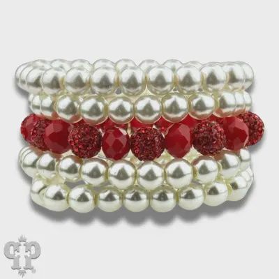 Cream Pearl and Red Bead Bracelet Stack