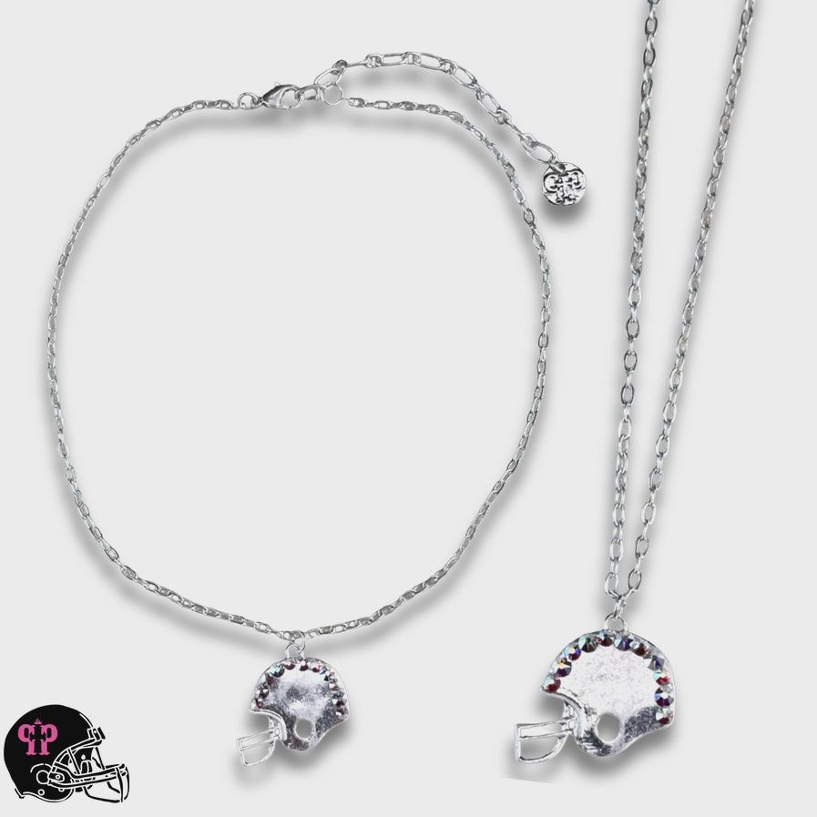 Football Helmet Necklace with Austrian Crystals-Silver