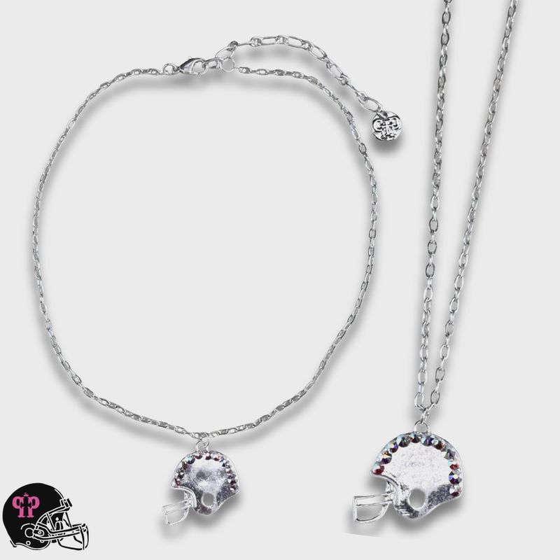 Football Helmet Necklace with Austrian Crystals-Silver