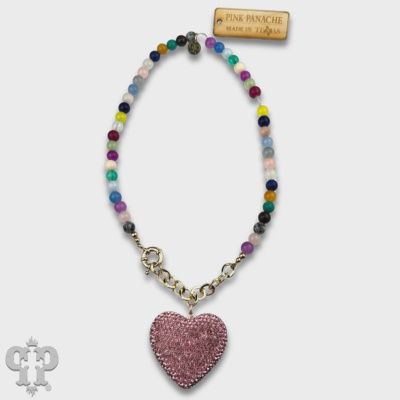 Rhinestone Heart Pendant w/ Multi-Color Bead Necklace