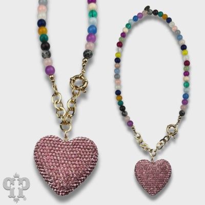 Rhinestone Heart Pendant w/ Multi-Color Bead Necklace