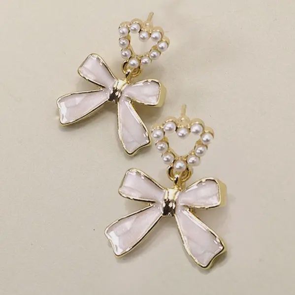 Bow Heart Pearl Drop Earrings