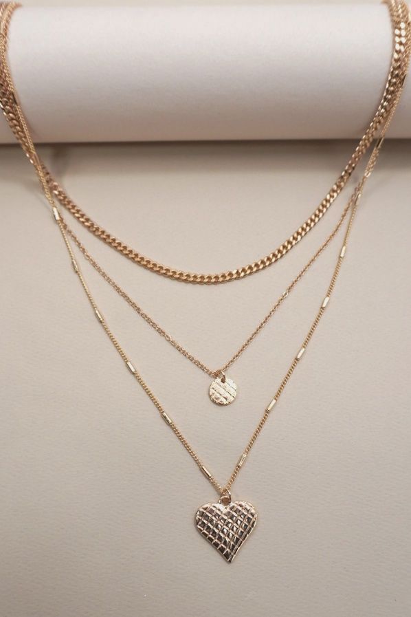 Checker Engraved Heart Charm Layered Necklace