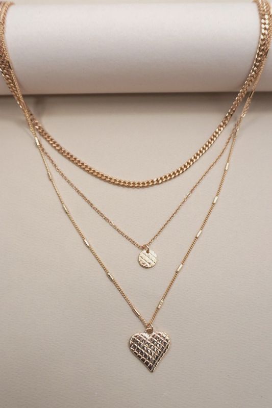 Checker Engraved Heart Charm Layered Necklace