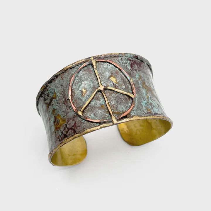 Brass Patina Bracelet – Rustic Blue Peace Sign