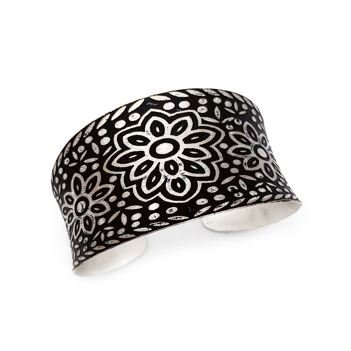 Silver Patina Bracelet – Black Floral Pattern