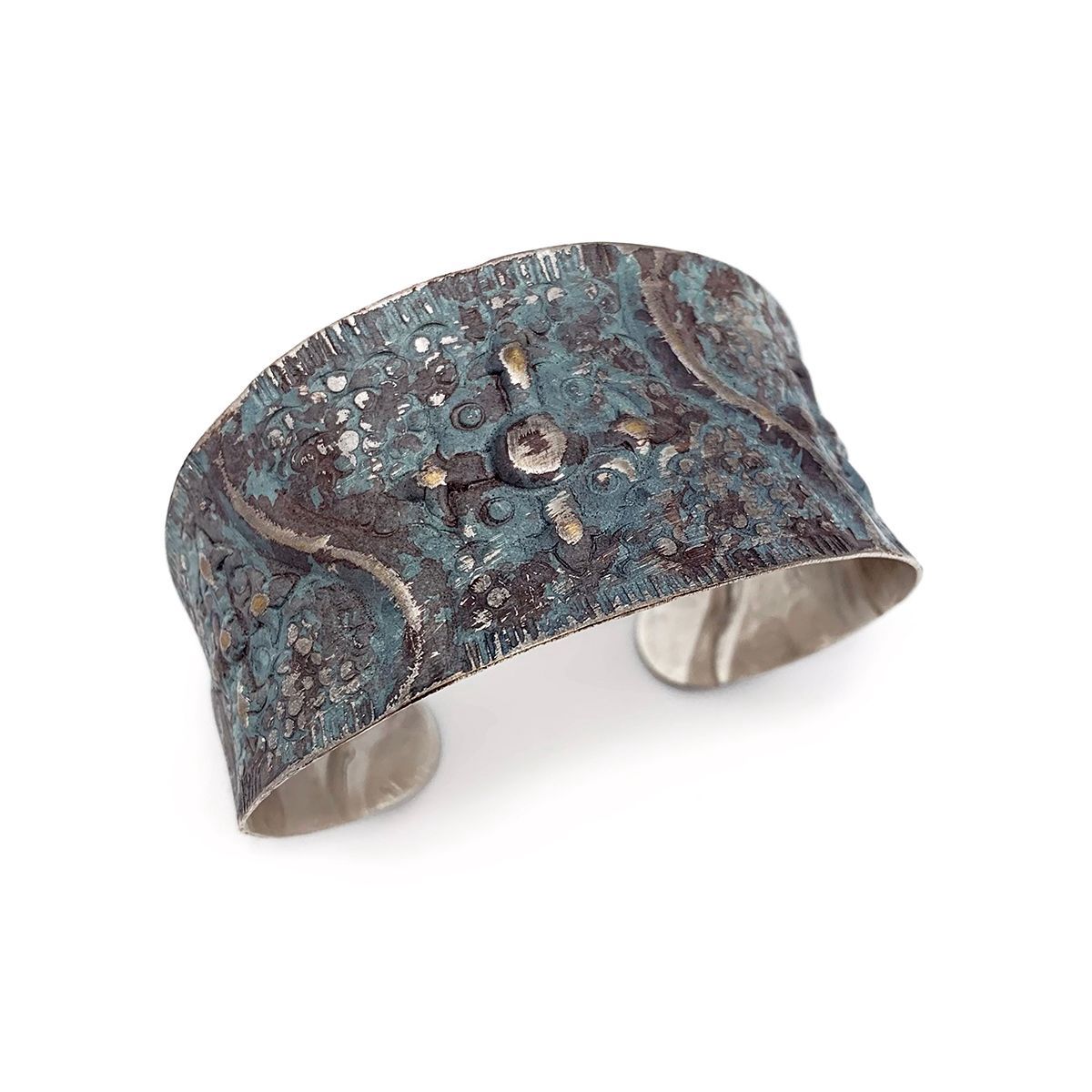 Silver Patina Bracelet – Teal Cross and Waves