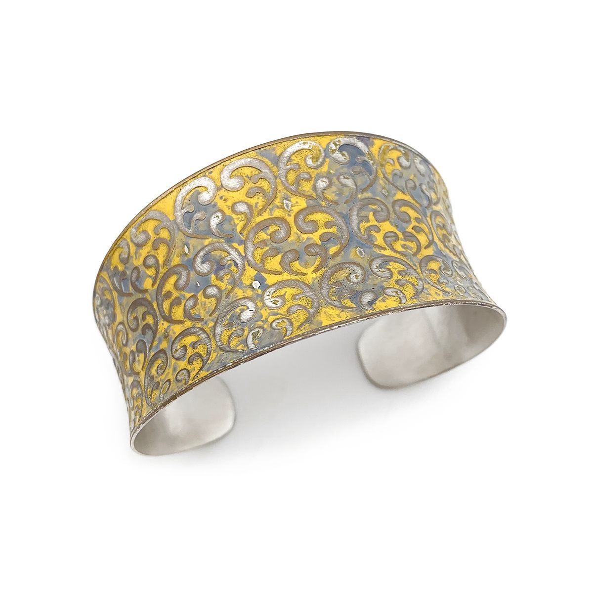 Silver Patina Bracelet – Yellow Ornate Print