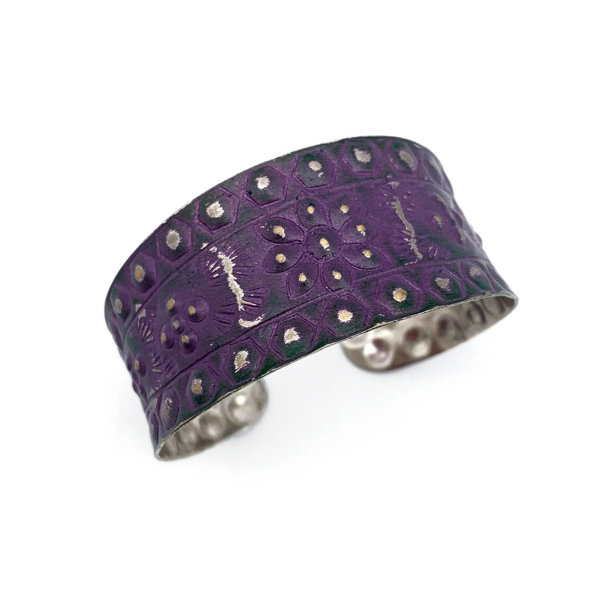 Silver Patina Bracelet – Purple Floral and Dots