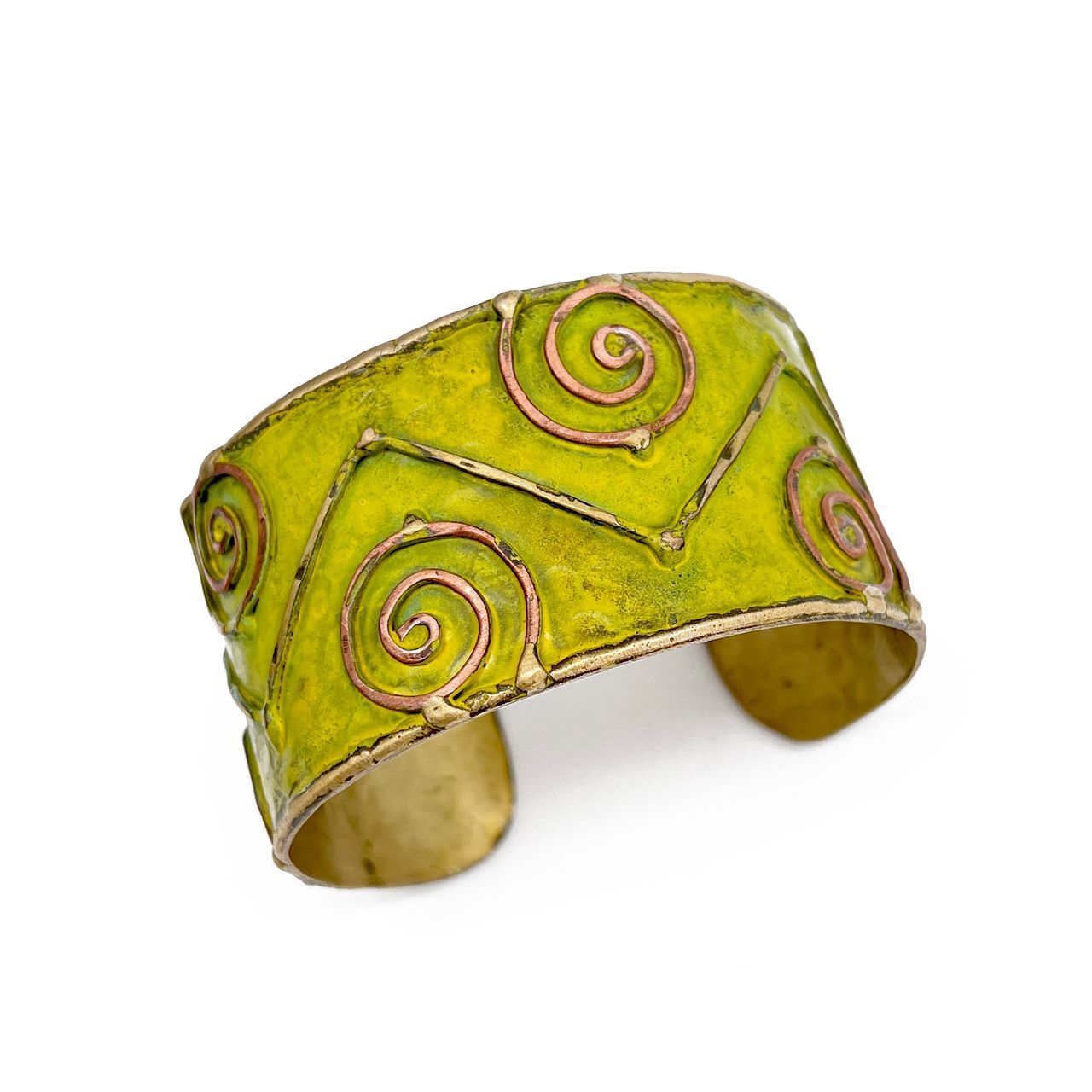 Brass Patina Bracelet – Lime Green Swirls