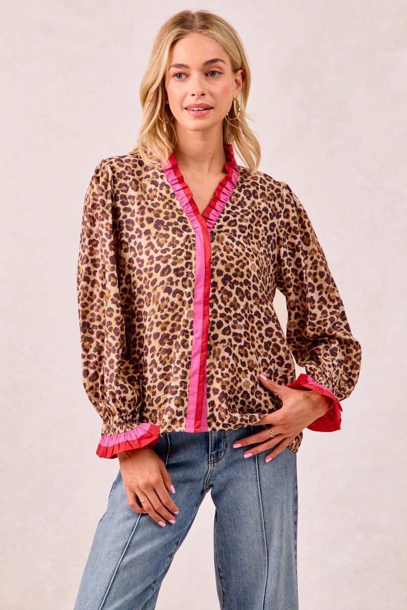 Leopard Printed Top With Stripe Wavy Trim Detail