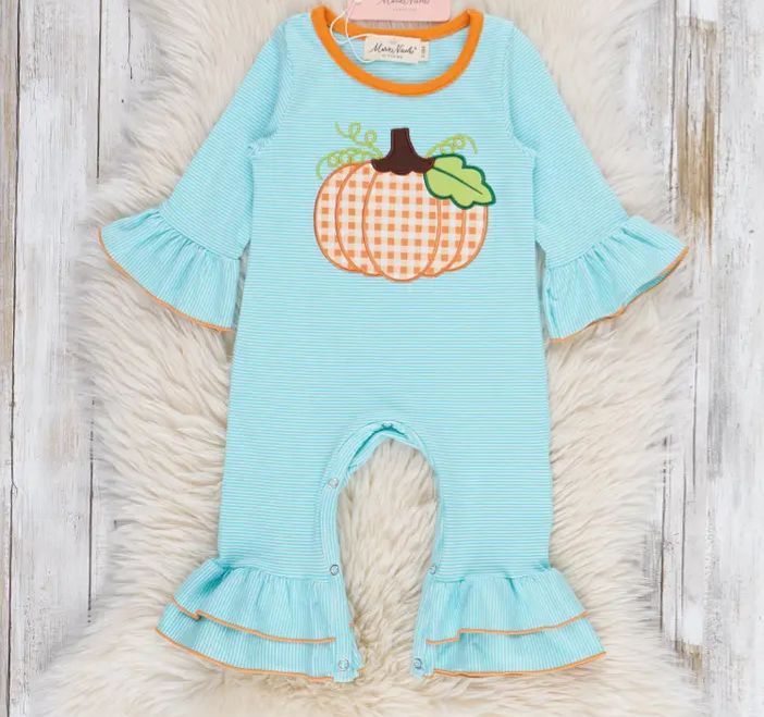 Light Blue Stripes Pumpkin Ruffle Romper