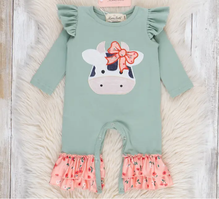Mint &amp; Coral Embroidered Cow Floral Ruffle Romper