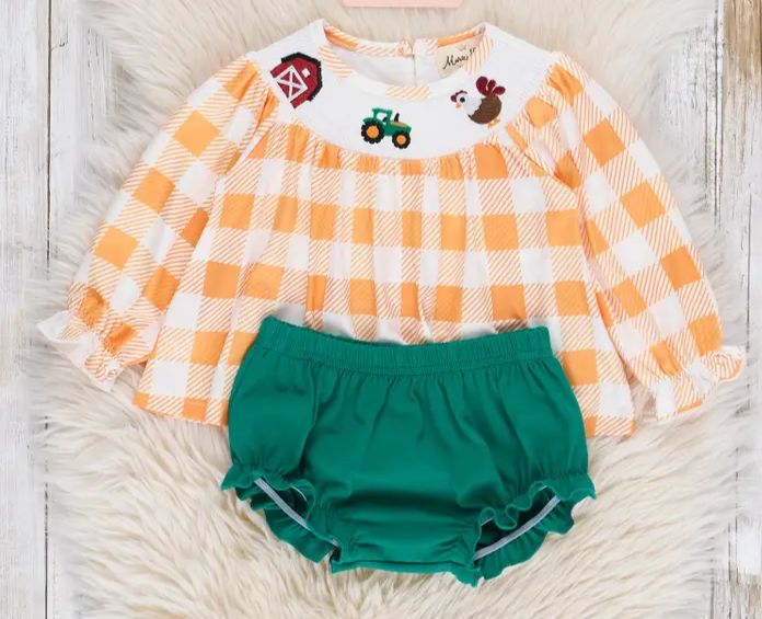 Down On the Farm Smocked Gingham Bloomers Outfit