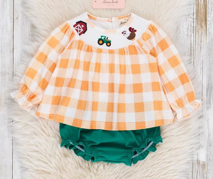 Down On the Farm Smocked Gingham Bloomers Outfit