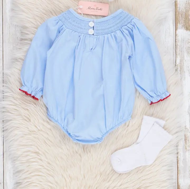 Blue Chambray Smocked Santas Ruffle Bubble