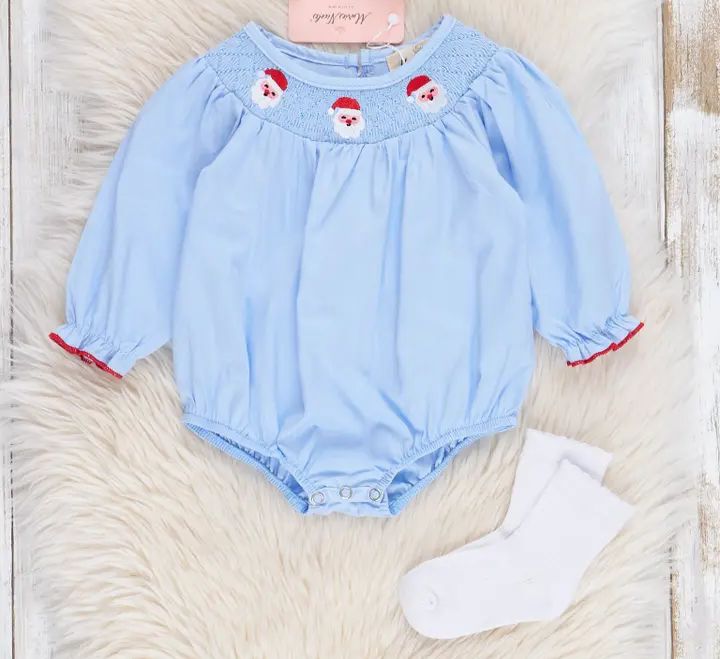 Blue Chambray Smocked Santas Ruffle Bubble
