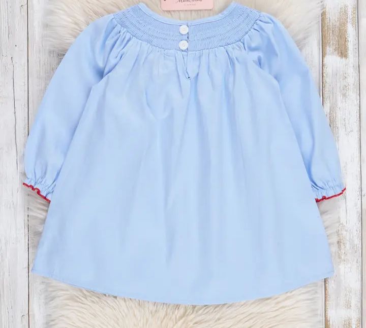 Blue Chambray Smocked Santas Ruffle Dress