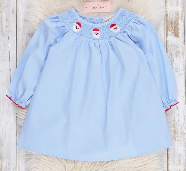 Blue Chambray Smocked Santas Ruffle Dress