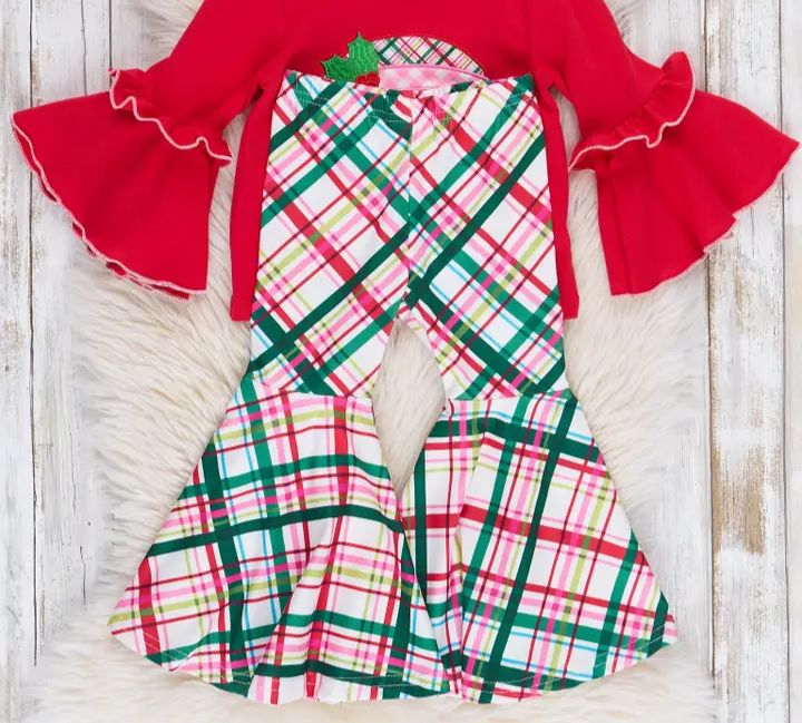 Pink &amp; Red Santa Plaid Ruffle Bell Bottoms Outfit