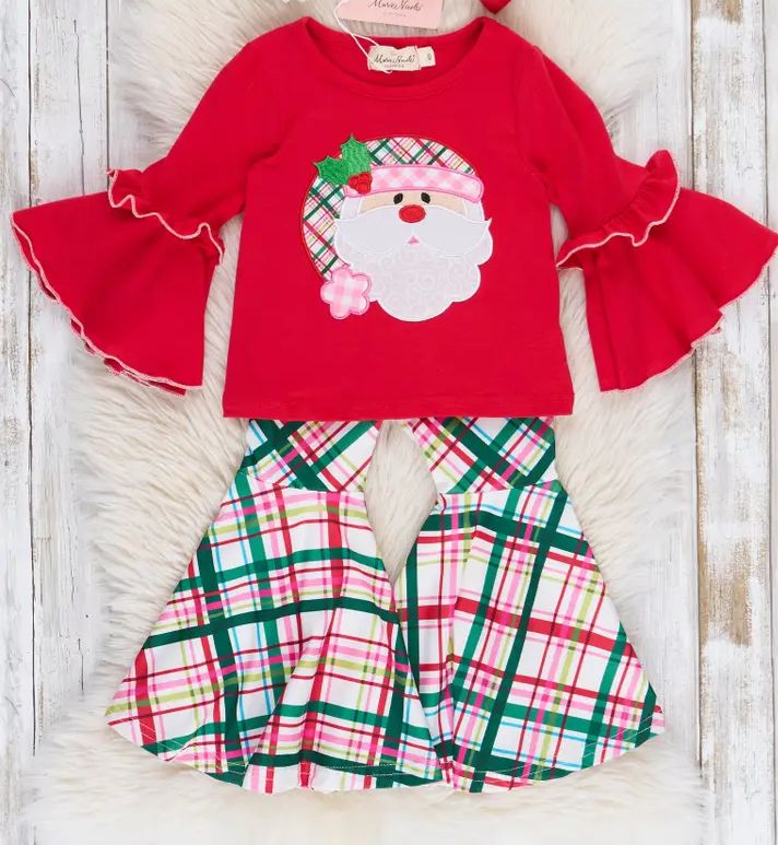 Pink &amp; Red Santa Plaid Ruffle Bell Bottoms Outfit