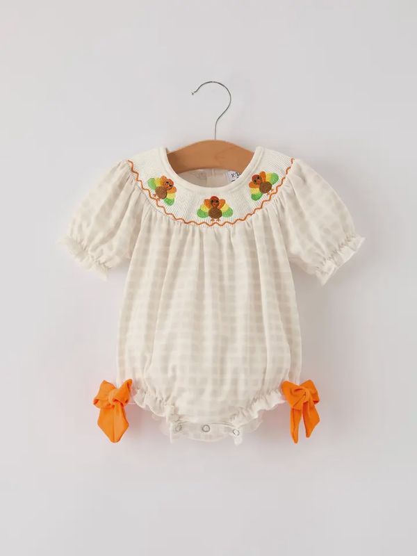 Apricot Plaid Turkey Embroidery Smocking Romper
