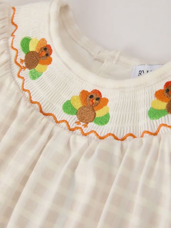 Apricot Plaid Turkey Embroidery Smocking Dress
