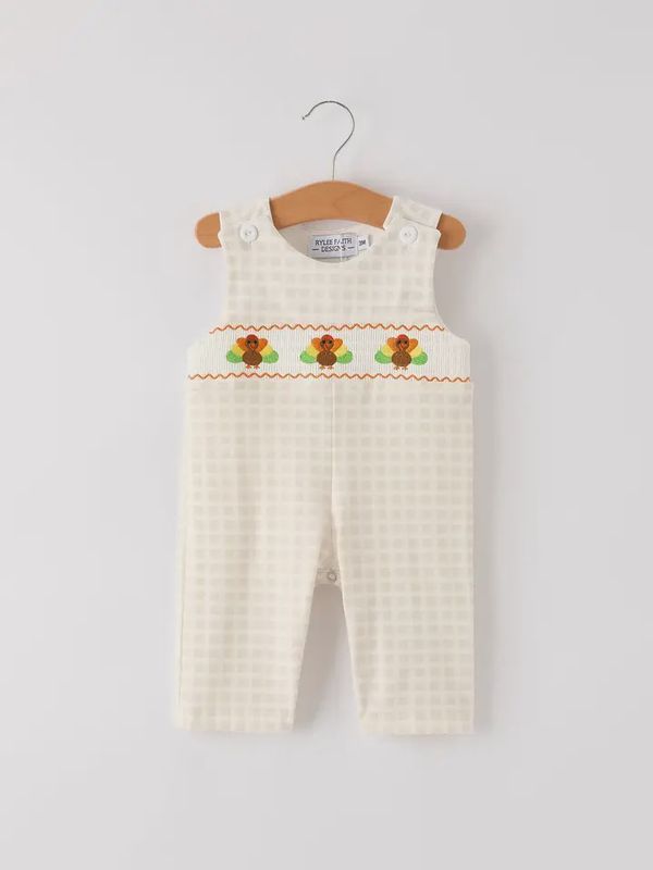 Apricot Plaid Turkey Embroidery Smocking Boys Romper
