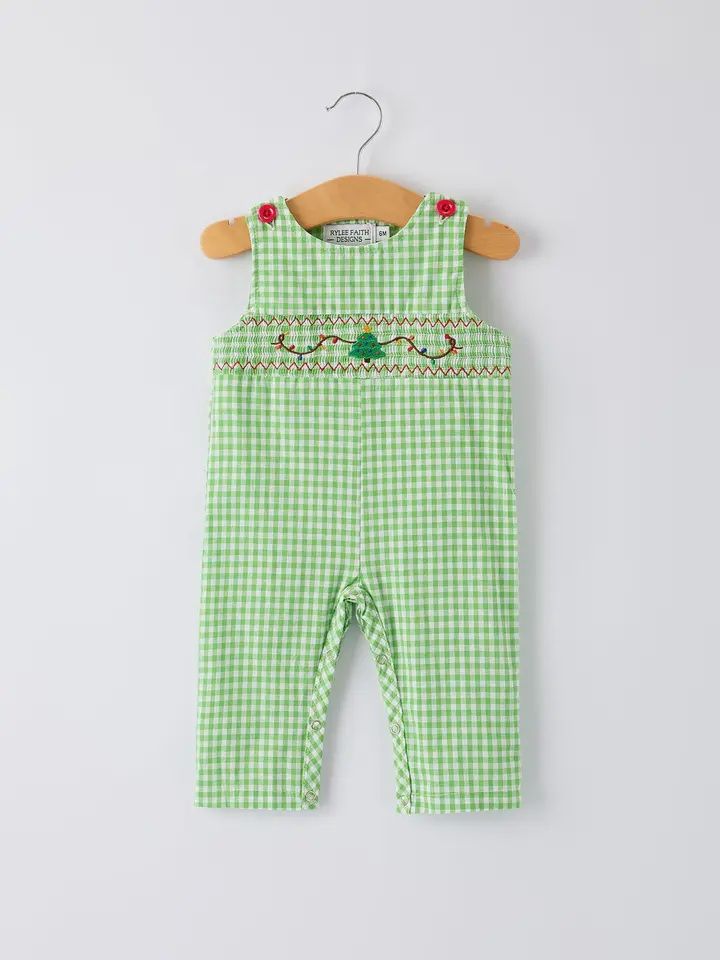 Christmas Tree Smocked Baby Boy Romper with Green Plaid