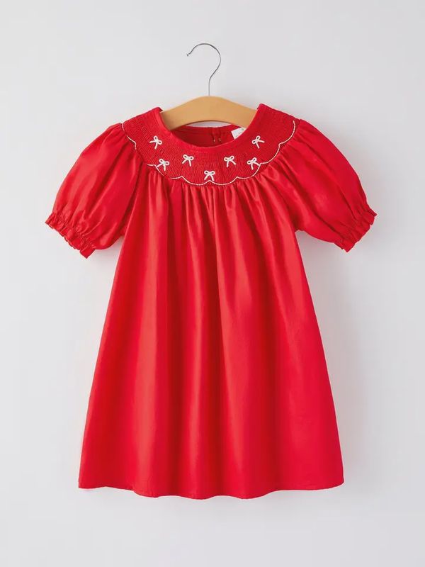 Bow Smocking Embroidered Red Dress