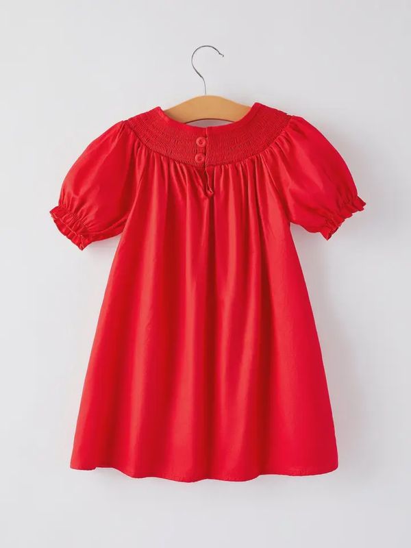 Bow Smocking Embroidered Red Dress