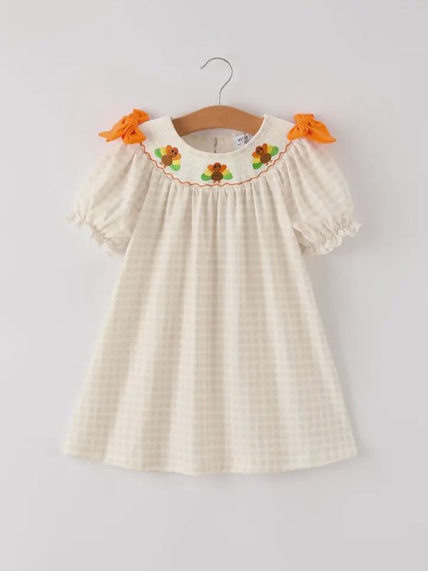 Apricot Plaid Turkey Embroidery Smocking Dress