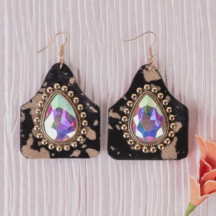 Rhinestone Animal Hide Earrings-BLK