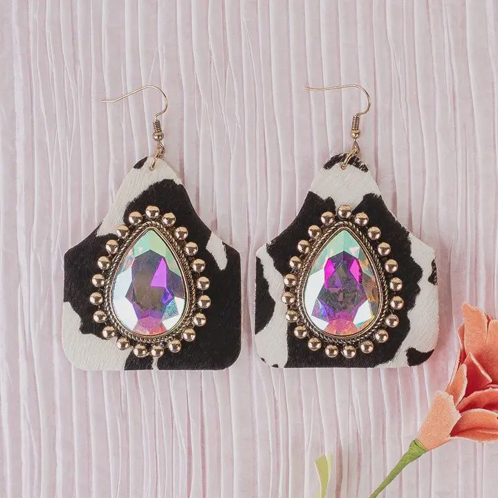 Rhinestone Animal Hide Earrings-Wht