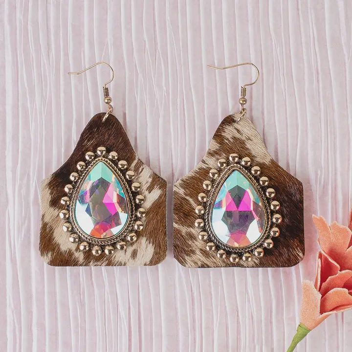 Rhinestone Animal Hide Earrings-Brn