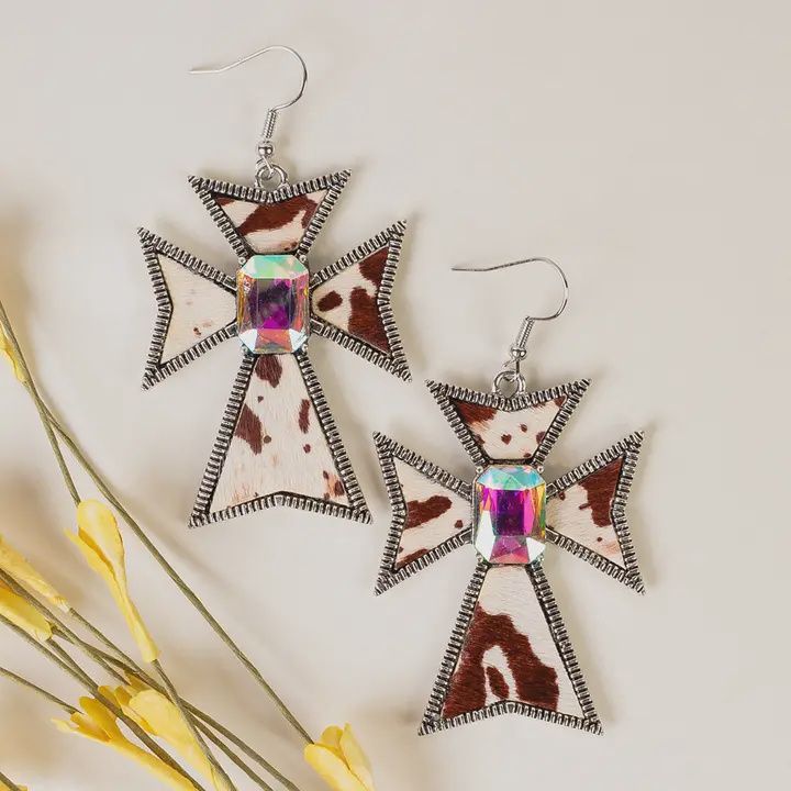 Animal Print Cross Earrings - Rhinestone Accents