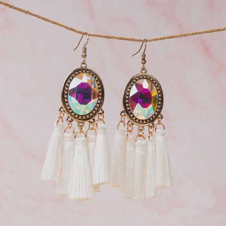 Rhinestone Tassel Earrings - White