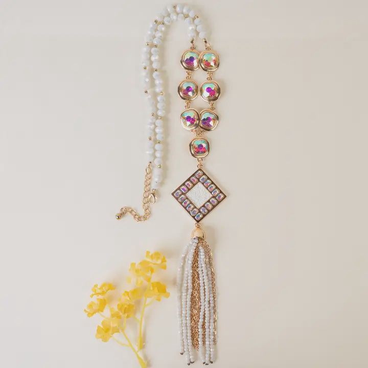 Crystal Beaded White Tassel Necklace