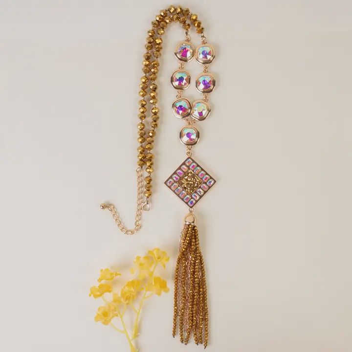Crystal Beaded Gold Tassel Necklace