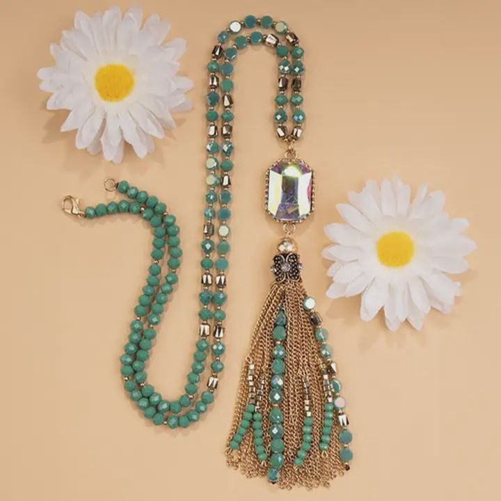 Rhinestone Beaded Tassel Necklace